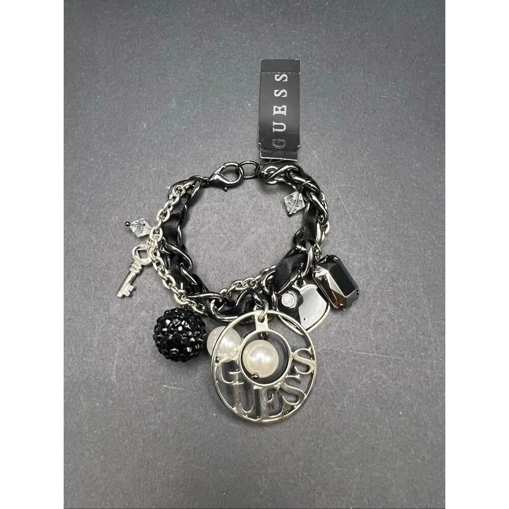 New! Guess Black Silver Tone Chunky Charm Faux Pearl Rhinestone Heart Bracelet